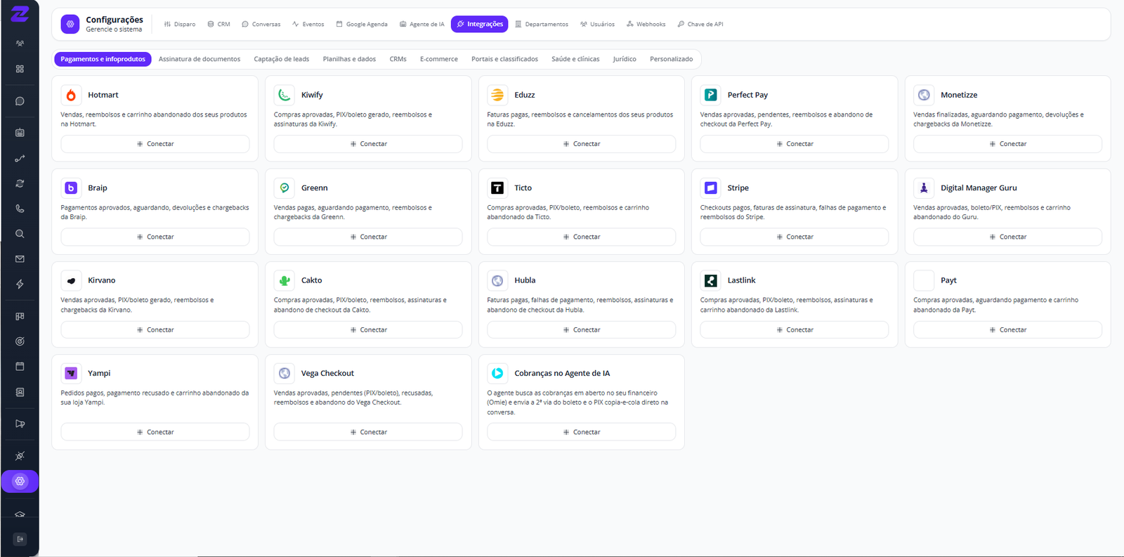 Tela real das integrações da ZOXY HUB na categoria pagamentos e infoprodutos, com aplicativos e descrições dos eventos.